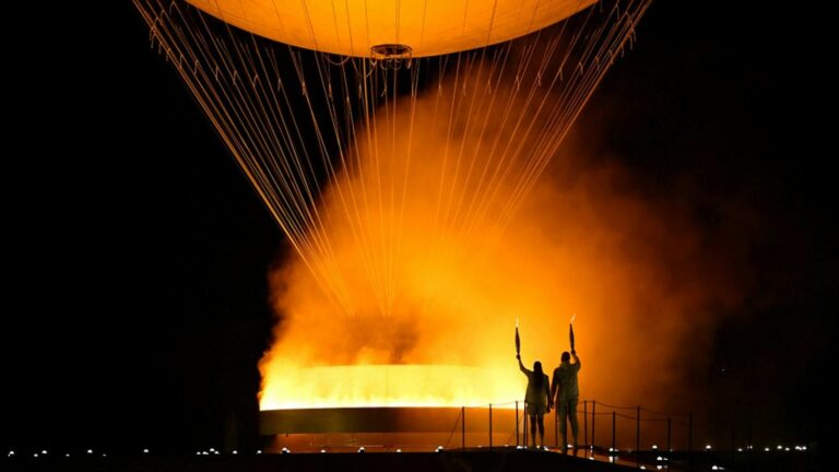 Marie-José Pérec and Teddy Riner lit the cauldron as the last torchbearers