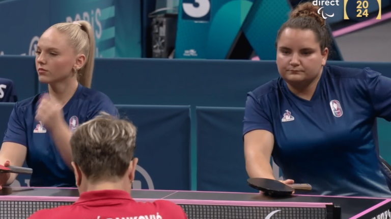 French women Alexandra Saint Pierre and Flora Vautier play a decisive set to win a medal in para table tennis