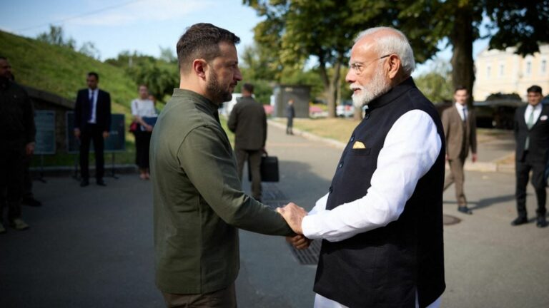 Indian Prime Minister Narendra Modi assures Volodymyr Zelensky that India is “firmly in favour of peace” during a visit to kyiv