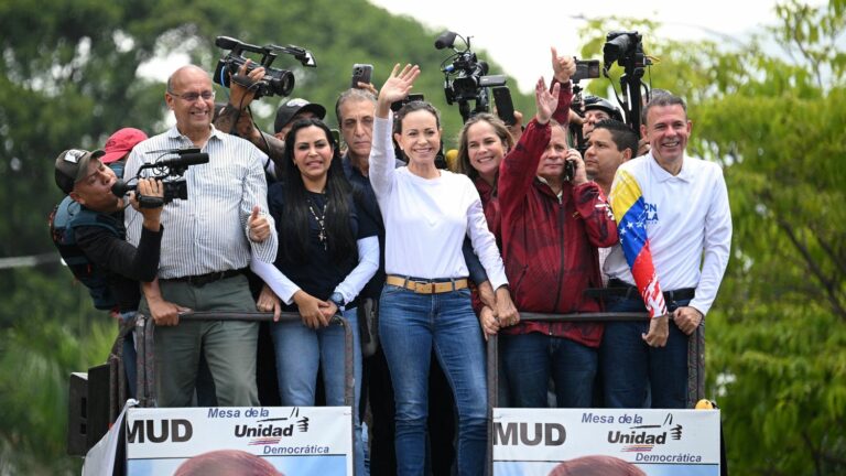 Venezuelan opposition leader demonstrates alongside supporters in Caracas