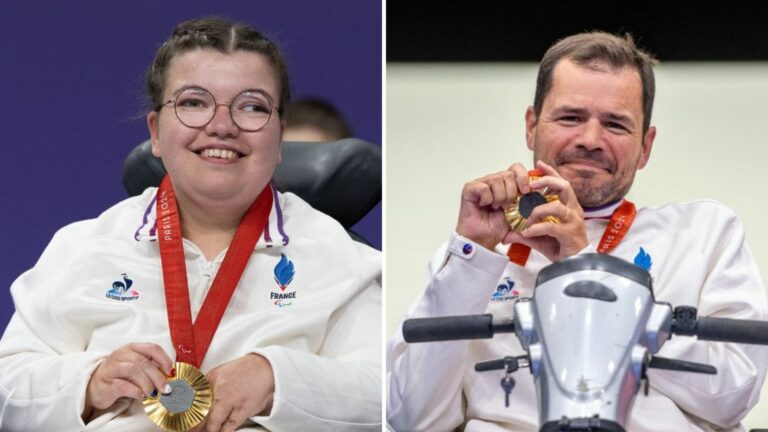 Aurélie Aubert and Tanguy de La Forest, flag bearers for France at the closing ceremony