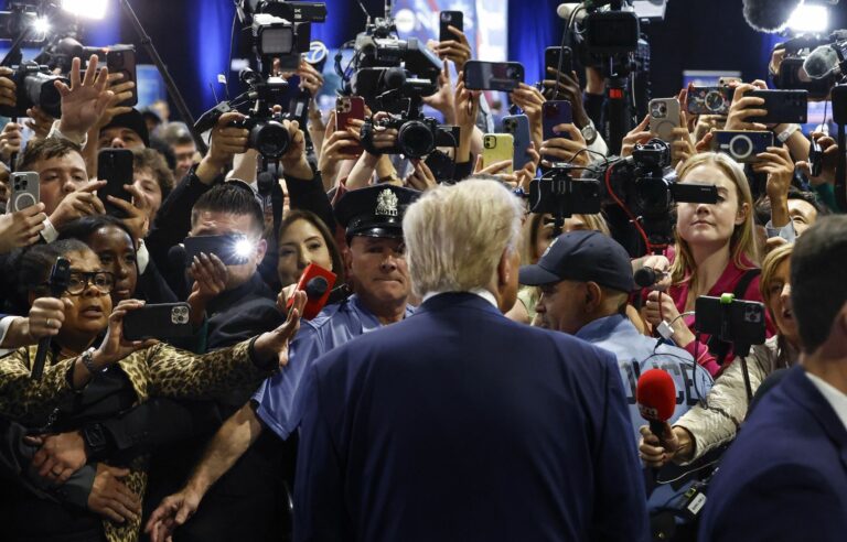 Donald Trump makes surprise appearance before the press after his debate against Kamala Harris