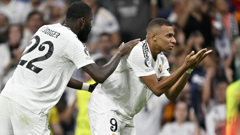 Kylian Mbappé scores for his first match with Real Madrid in the Champions League