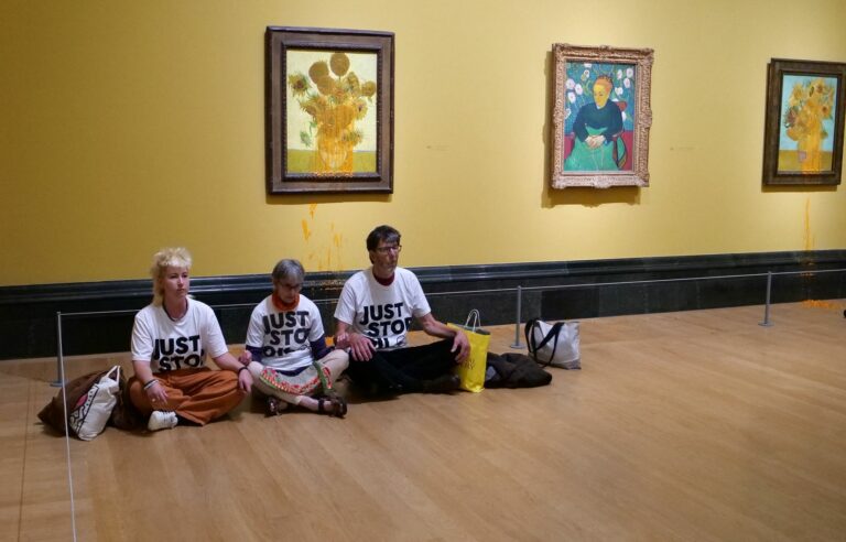 Two paintings of Van Gogh’s ‘Sunflowers’ doused with soup for a second time by anti-oil activists