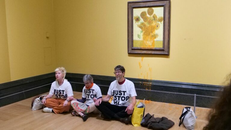 new soup throws from environmental activists on two paintings of Van Gogh’s “Sunflowers”