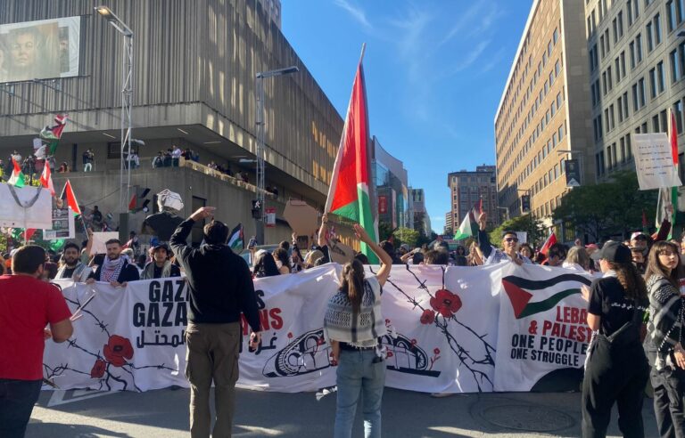 Pro-Palestine demonstration in downtown Montreal on the first anniversary of the Israel-Hamas war