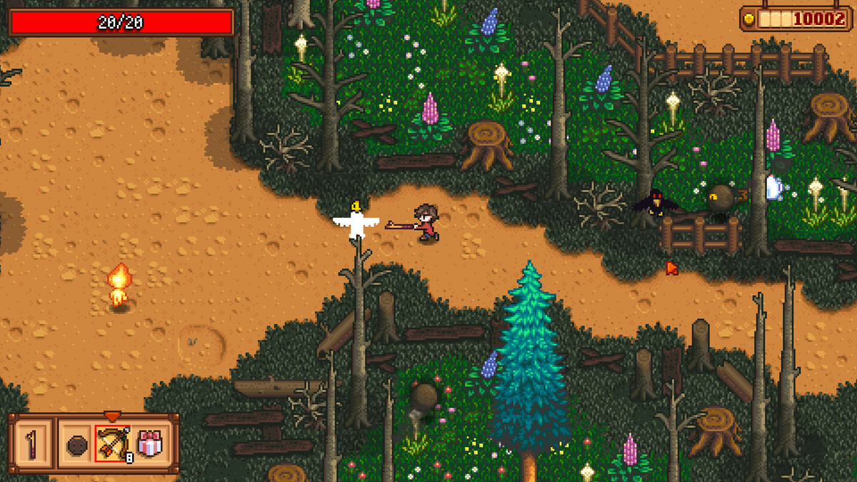 Une image d'un personnage balançant un bâton dans les bois rendue en pixel art dans une capture d'écran de Haunted Chocolatier. 