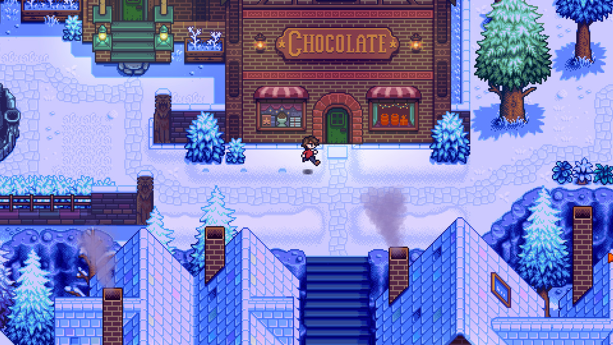 Une image d'un personnage qui traverse, rendue en pixel art dans une capture d'écran de Haunted Chocolatier. Ils se tiennent devant une devanture de magasin en brique avec une pancarte indiquant « Chocolat » dessus.