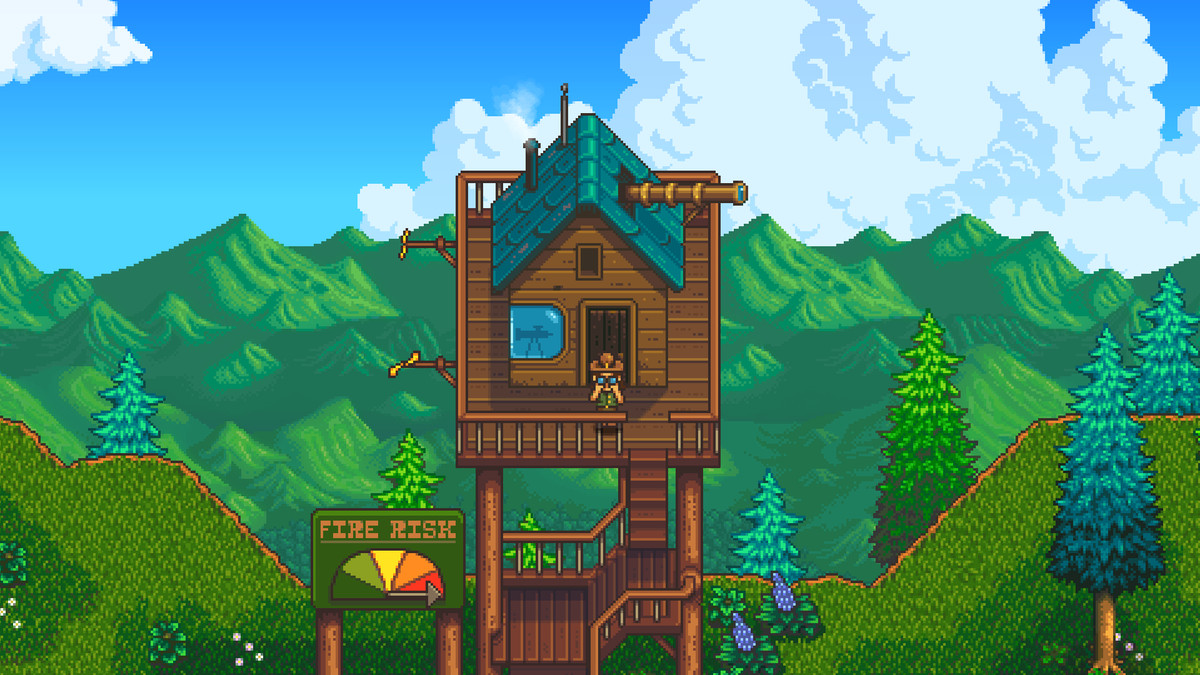 Image d'un guetteur d'incendie rendue en pixel art dans une capture d'écran de Haunted Chocolatier. Il y a une maison au sommet et un personnage avec un chapeau à bords se tient dessus.