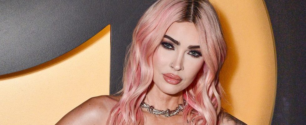 Megan Fox with pink hair in February 2024