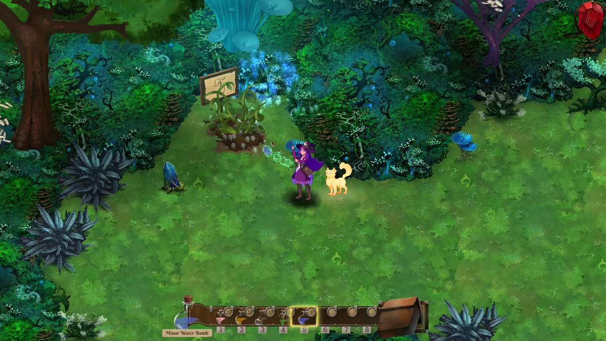 Luna, la sorcière aux cheveux violets qui joue dans Potions : A Curious Tale, se tient dans une forêt en train de lancer des bulles magiques, accompagnée d'un chat jaune.