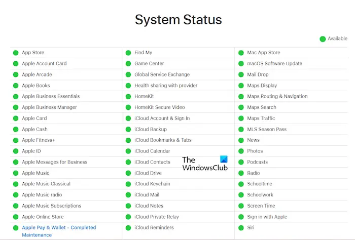 Page d'état du système Apple