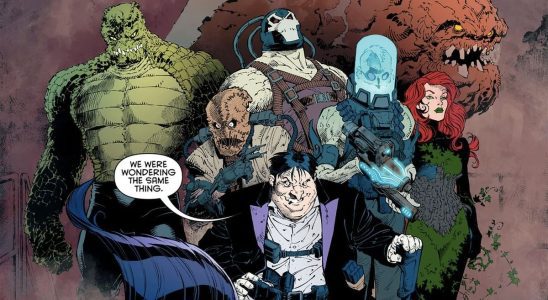 group of Batman villains including Penguin, Bane, Clayface, Scarecrow, Killer Croc, Poison Ivy, and Mr. Freeze