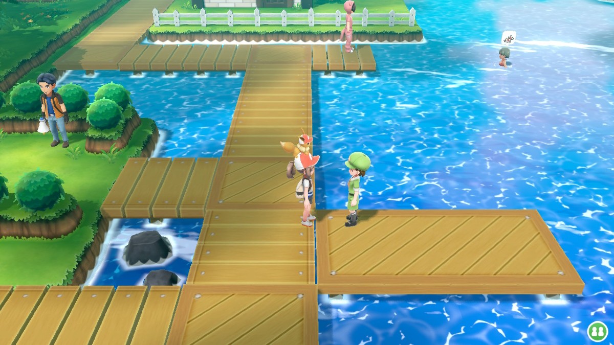 Capture d'écran de Pokemon Let's Go Eevee montrant deux entraîneurs sur le point de se battre