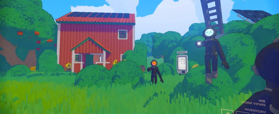 Humanoid figures in spacesuits standing on a green lawn in front of a small house in Content Warning.