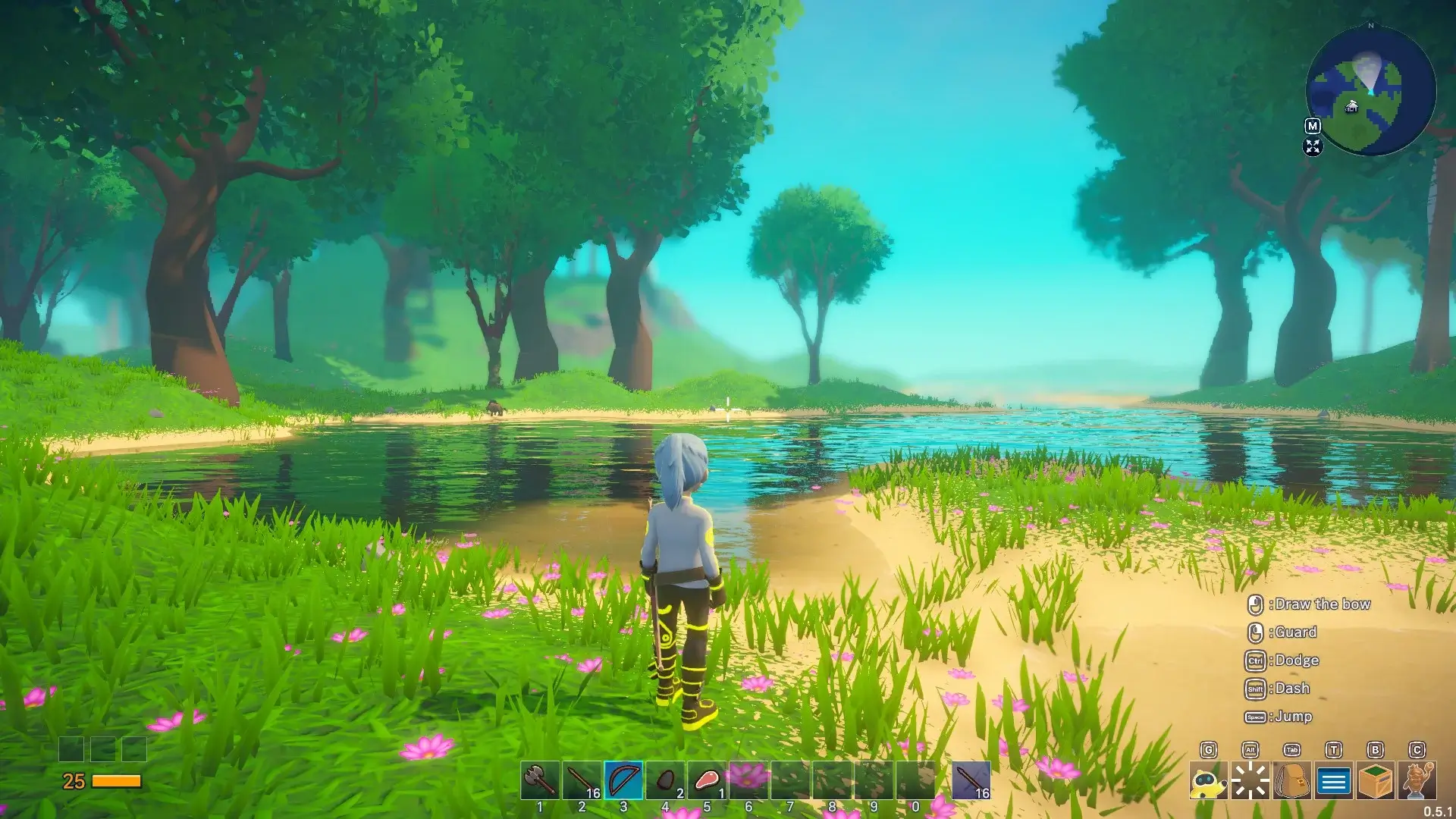 Le personnage du joueur est au centre de l'écran, entouré d'arbres et d'eau depuis la zone de départ du jeu.
