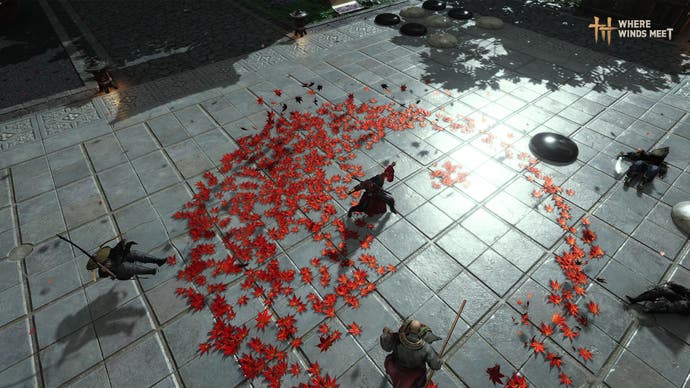 Capture d'écran de Where Winds Meet montrant un guerrier dans un temple de pierre entouré de feuilles rouges combattant des ennemis