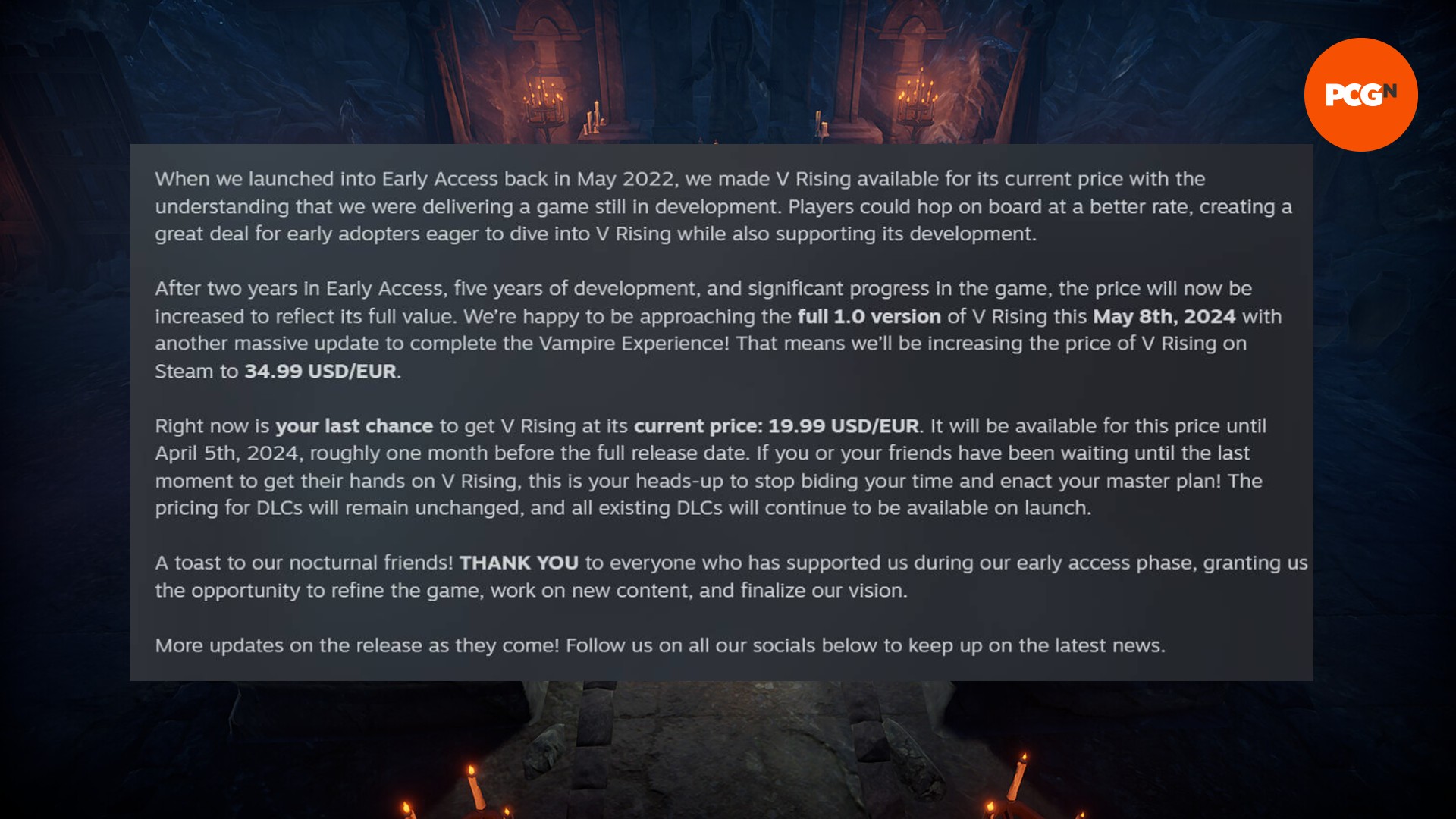 Un article du blog Steam du studio V Rising Stunlock discutant de l'augmentation des prix pour le lancement complet