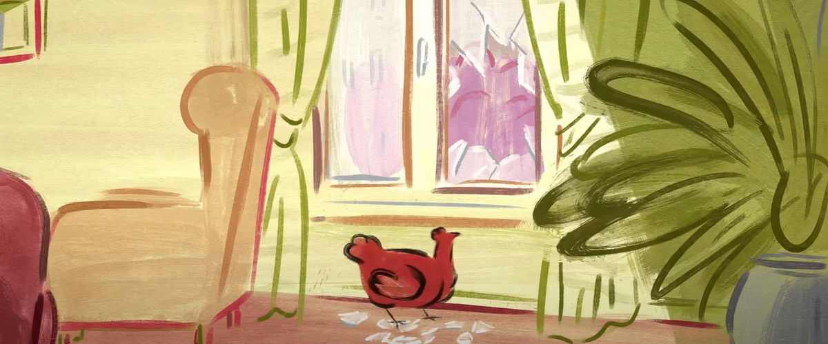 Un poulet animé au milieu d’un appartement, une vitre brisée juste au-dessus