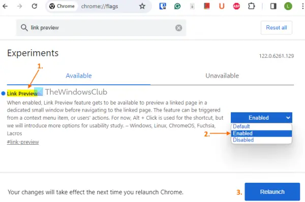 activer l'aperçu du lien dans Chrome