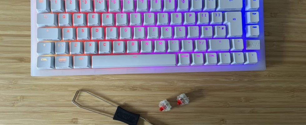 Cherry XTRFY K5V2 gaming keyboard on a wooden desk with switches and swapping tool below