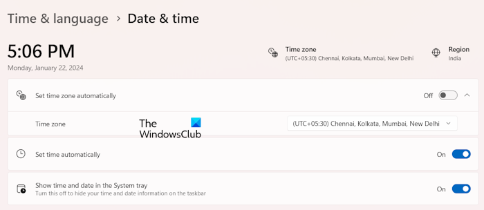 Paramètres d'heure et de date Windows 11