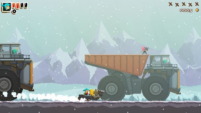 Le héros de Pepper Grinder conduit une motoneige entre des camions géants sur une route verglacée.