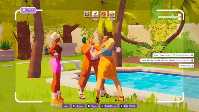 Capture d'écran officielle de Crush House montrant des personnages en train de converser au bord de la piscine