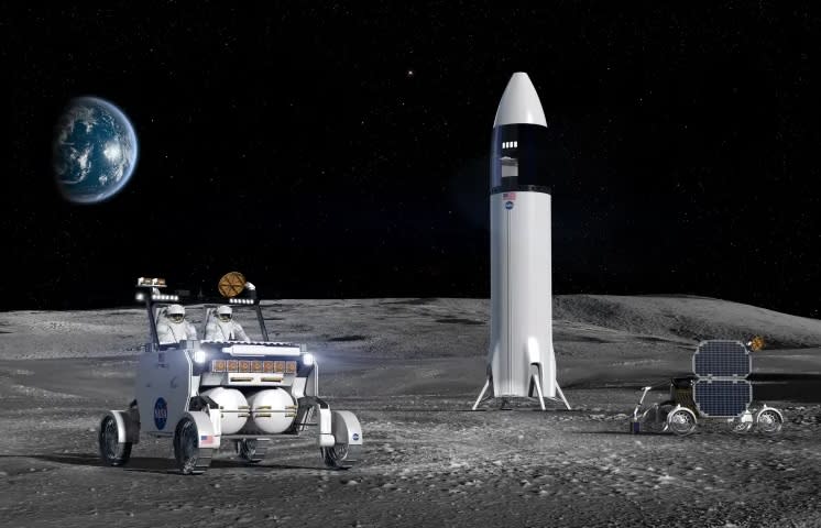 Le concept de véhicule tout-terrain lunaire de Venturi Astrolab, Flex, photographié aux côtés de rendus d'un rover et d'un atterrisseur à énergie solaire sur la lune