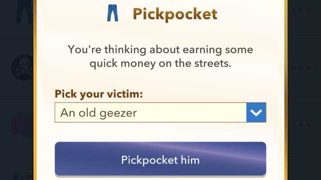 Pickpocket BitLife pour le défi Guilty Grandpa