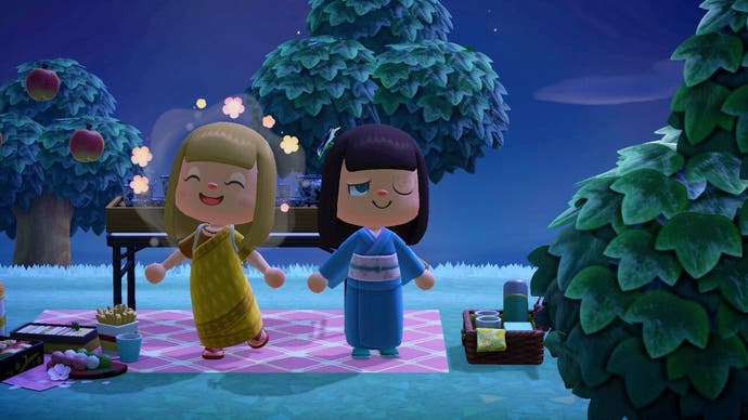 Deux joueurs profitent d'un pique-nique de fin de soirée dans Animal Crossing