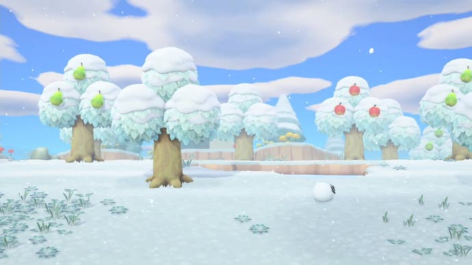 Animal Crossing snow - une scène hivernale avec de la neige dans les arbres.