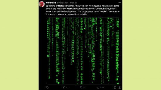 Fuites du nouveau jeu Matrix : une image de Kurakasis parlant de The Matrix Awake.