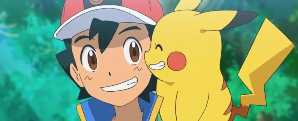 Image of Ash Ketchum and Pikachu from Pokemon. Pikachu is sitting on Ash's shoulder.