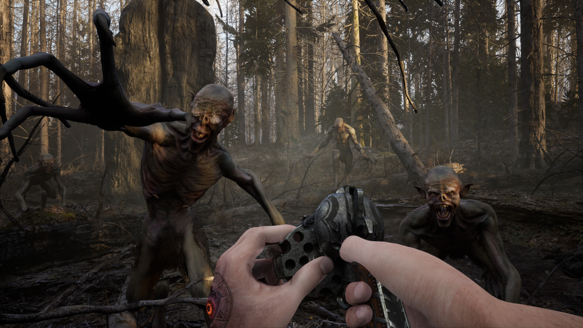  5 x news shifts 625,00 £ FALSE FALSE FALSE FALSE : Le joueur charge une révolution alors que deux créatures gobelines se précipitent vers lui dans une zone forestière effrayante