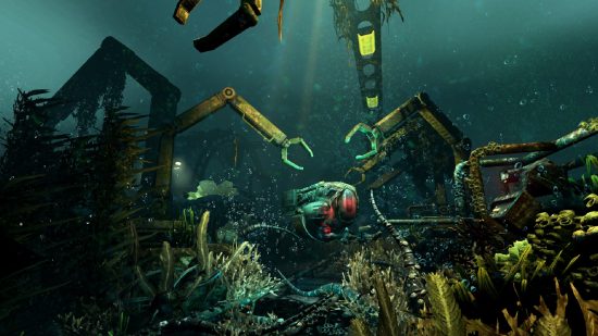 Vente Steam Lovecraftian Days 2024 - Un plongeur sous-marin vous regarde parmi les machines de Soma.