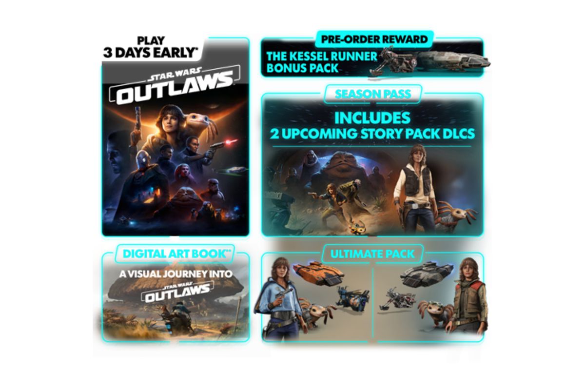 Une image montrant ce qui est inclus dans l'édition ultime de Star Wars Outlaws qui coûte 129,99 $.  Principalement, il offre aux joueurs 3 jours d'accès anticipé, ainsi que du contenu d'histoire supplémentaire et une abondance de DLC cosmétiques.