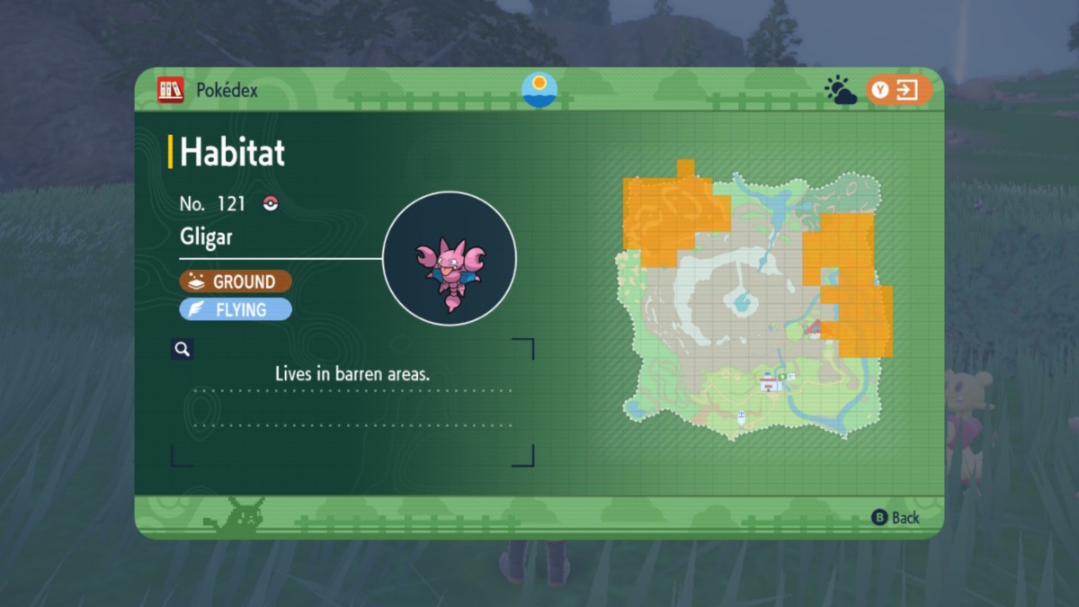 Capture d'écran de Pokémon Écarlate et Violet de l'emplacement de l'habitat de Gligar dans le Kitakami Pokedex