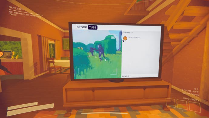 La capture d'écran d'avertissement de contenu montre un téléviseur affichant SpookTube et des images de deux joueurs marchant dans l'herbe.