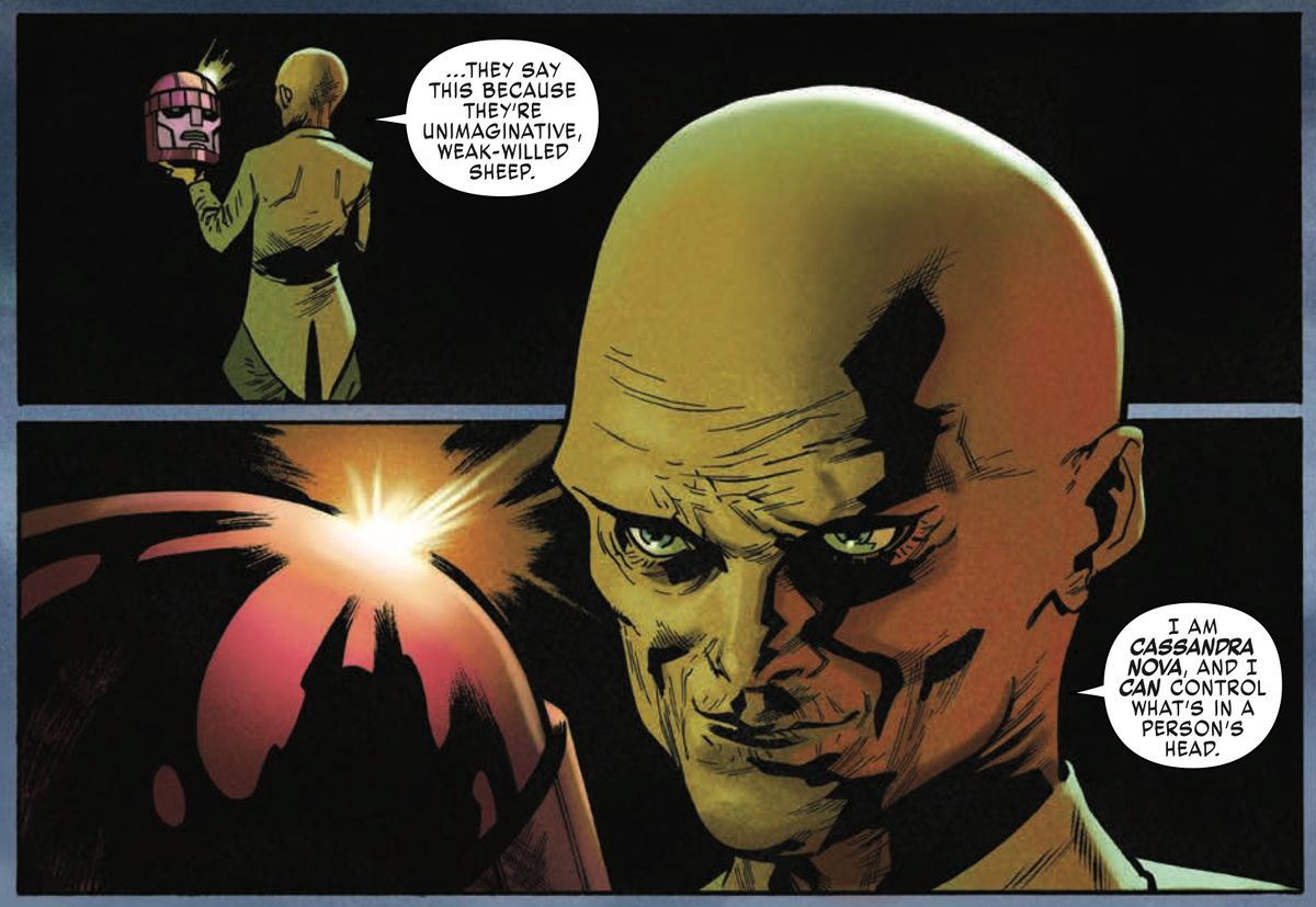 La méchante des X-Men, Cassandra Nova, apparaissant dans X-Men : Red #1, Marvel Comics 2018.