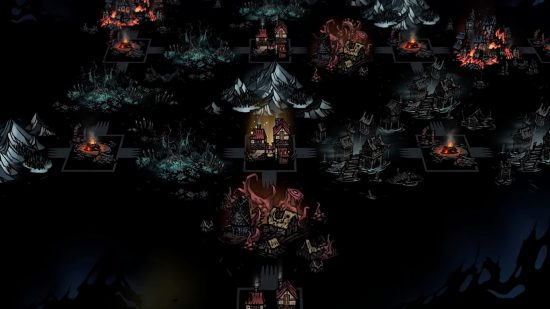 Une capture d'écran de la prochaine mise à jour gratuite Kingdoms pour Darkest Dungeons 2 présentant le monde du jeu avec l'auberge Safe Haven et quelques autres endroits.