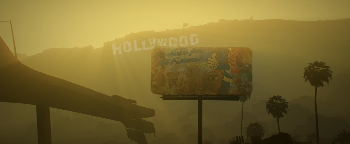 Une photo du générique de la saison 3 de Fallout, d'un panneau publicitaire Vault-Tec délavé avec Vault Boy levant le pouce.  La moitié de son visage a pelé et vous pouvez voir le visage de Howard Cooper (Walton Goggins) sur une publicité maquillant son visage.