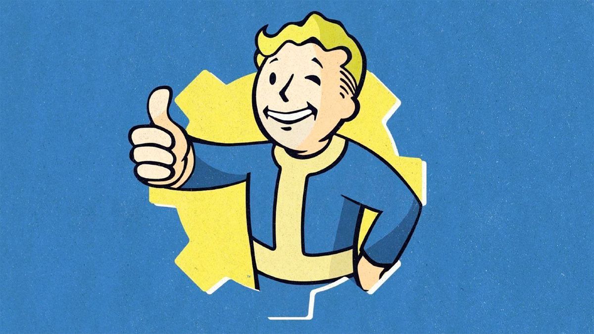 Une illustration de Vault Boy de Fallout donnant un coup de pouce et un clin d'œil.  Il est encadré par une porte de coffre en forme d'engrenage.