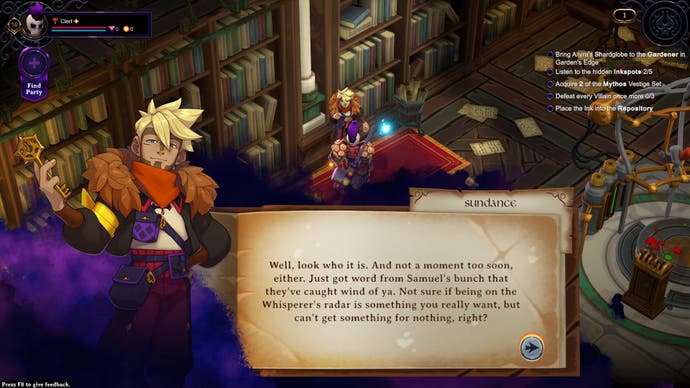 Dialogue avec un personnage d'Inkbound.  Une illustration de tête parlante apparaît à côté d’une fenêtre de texte.