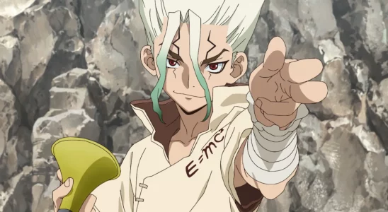 Senju pointing at the camera in Dr Stone