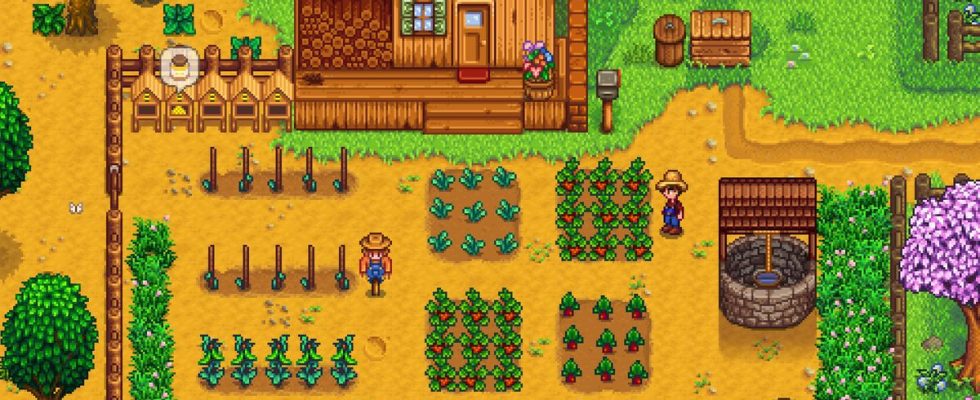 A screenshot of a farmer admiring their crops in Stardew Valley.