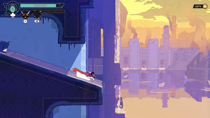 Le Prince glisse sur une rampe devant une ville fumante dans cet écran de The Rogue Prince of Persia
