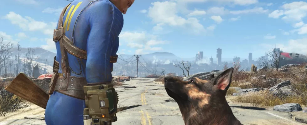 Fallout 4, with a man in a blue vault suit and his dog looking at each other on a desert road.