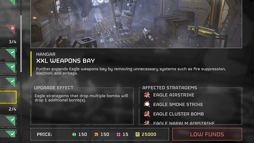Capture d'écran de Helldivers 2 de la nouvelle mise à niveau du navire de niveau 4 XXL Weapons Bay