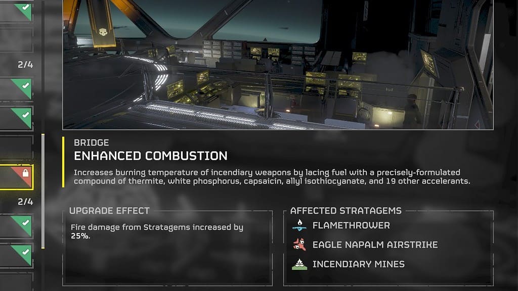 Capture d'écran de Helldivers 2 de la nouvelle mise à niveau du vaisseau de niveau 4, Combustion améliorée